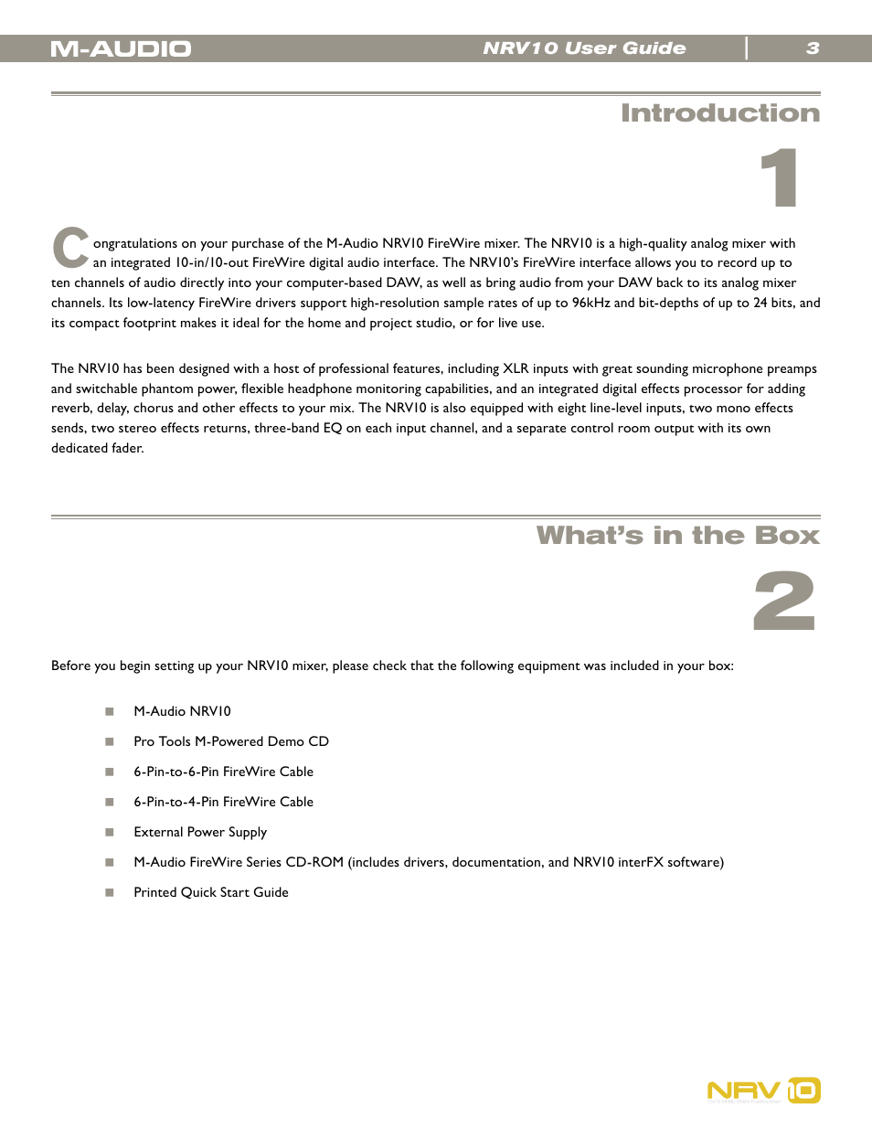 Introduction, What’s in the box | M-AUDIO NRV10 User Manual | Page 3 / 25