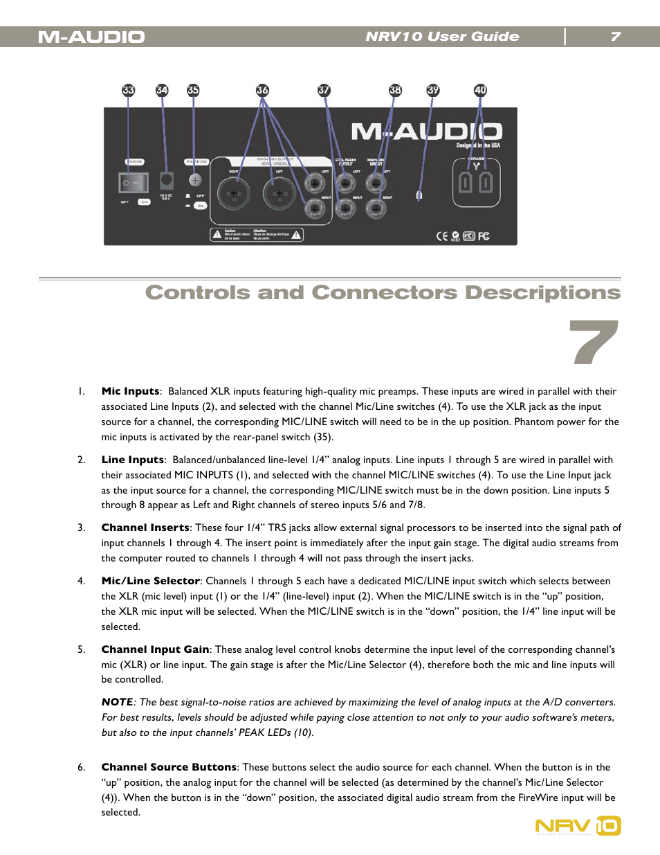 Controls and connectors descriptions | M-AUDIO NRV10 User Manual | Page 7 / 25