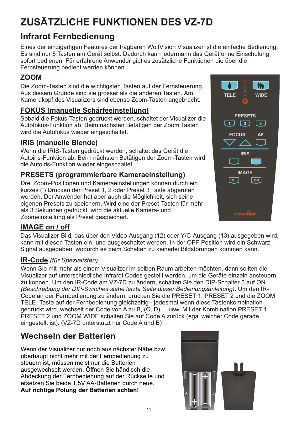 Zusätzliche funktionen des vz-7d, Infrarot fernbedienung, Wechseln der batterien | Image on / off, Ir-code | WolfVision VZ-7D User Manual | Page 11 / 24