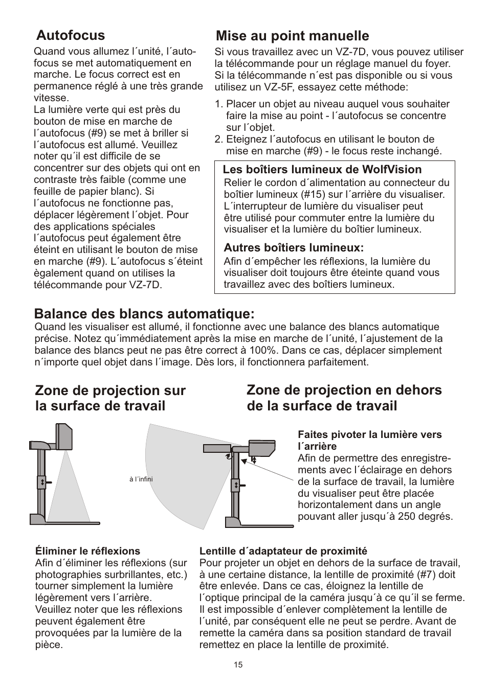 Autofocus balance des blancs automatique, Mise au point manuelle | WolfVision VZ-7D User Manual | Page 15 / 24