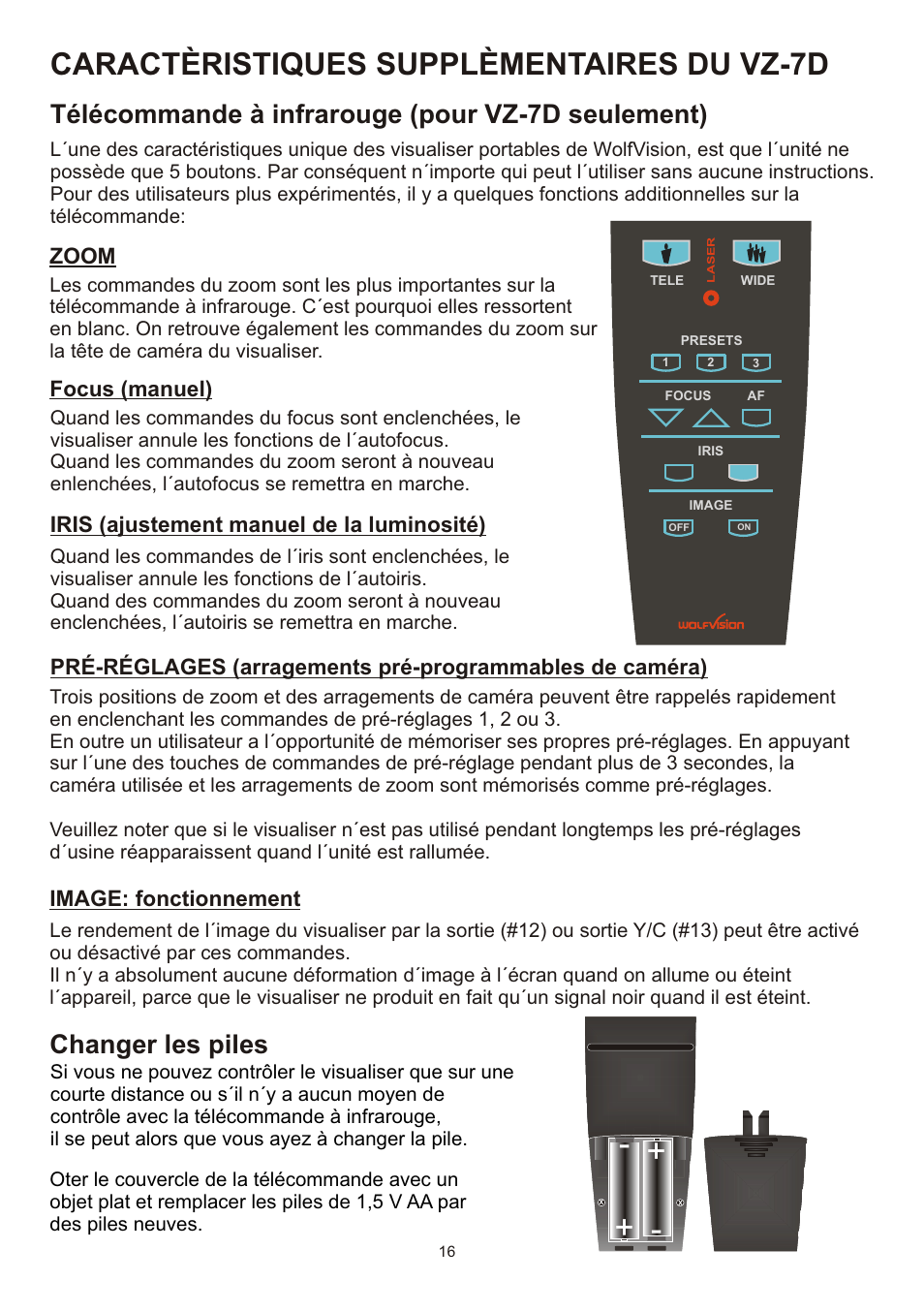 Caractèristiques supplèmentaires du vz-7d, Télécommande à infrarouge (pour vz-7d seulement), Changer les piles | Image: fonctionnement | WolfVision VZ-7D User Manual | Page 16 / 24