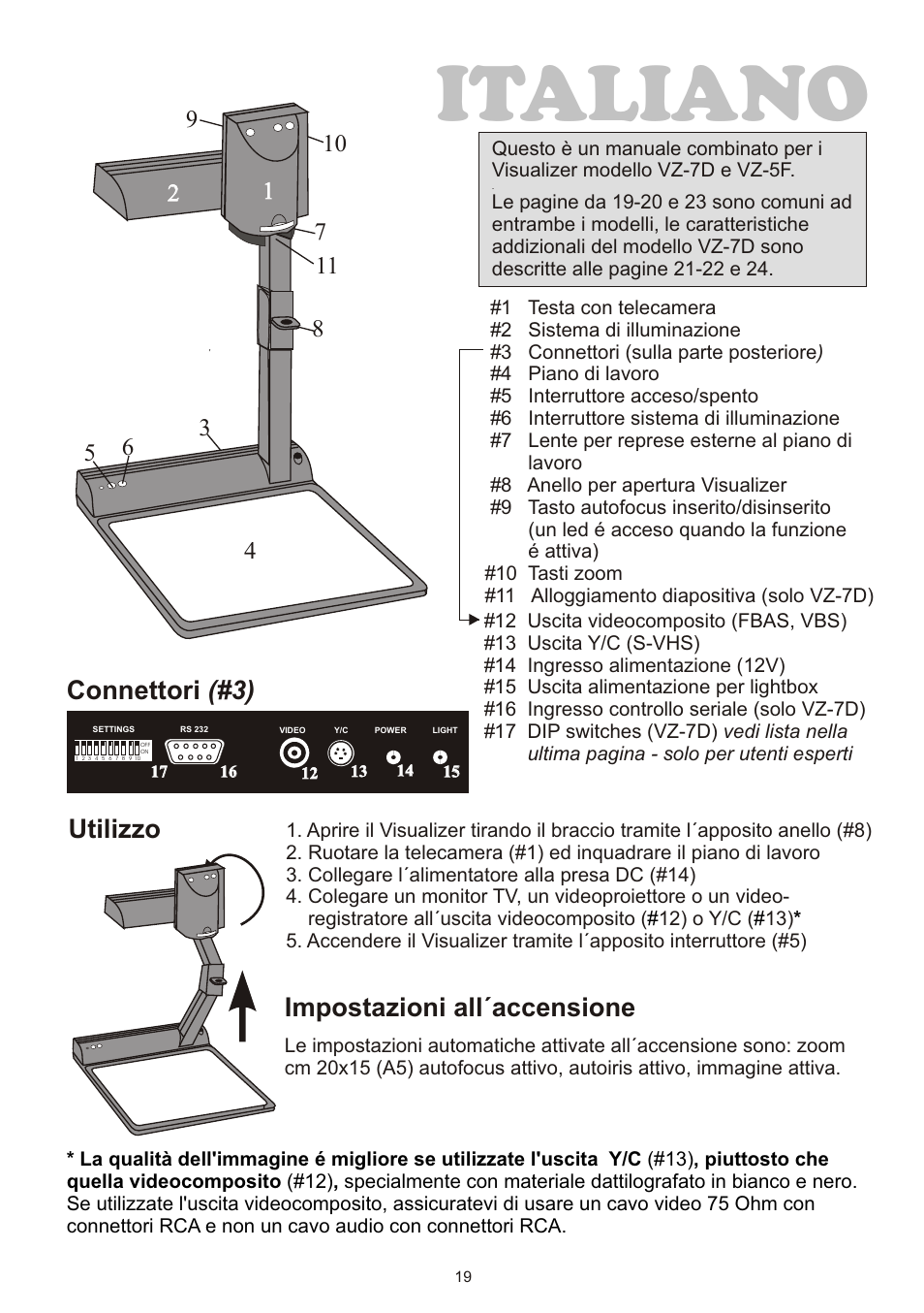 Italiano, Connettori (#3), Utilizzo | Impostazioni all´accensione | WolfVision VZ-7D User Manual | Page 19 / 24