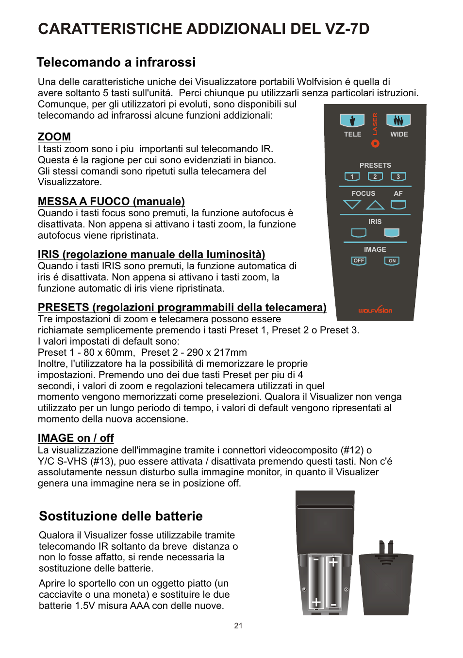 Caratteristiche addizionali del vz-7d, Telecomando a infrarossi, Sostituzione delle batterie | Zoom, Messa a fuoco (manuale), Iris (regolazione manuale della luminosità), Image on / off | WolfVision VZ-7D User Manual | Page 21 / 24