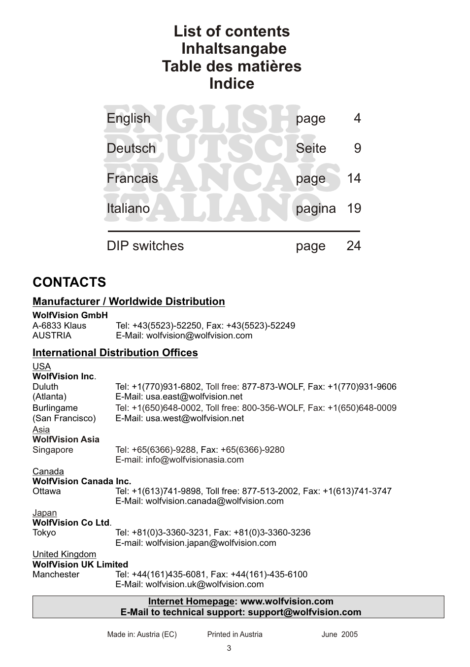 Italiano english francais deutsch | WolfVision VZ-7D User Manual | Page 3 / 24