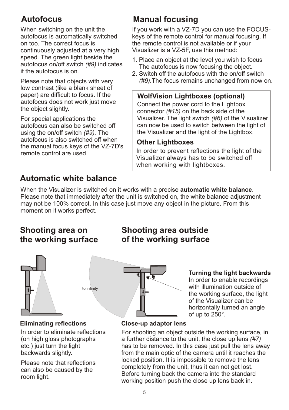 Autofocus automatic white balance, Manual focusing | WolfVision VZ-7D User Manual | Page 5 / 24