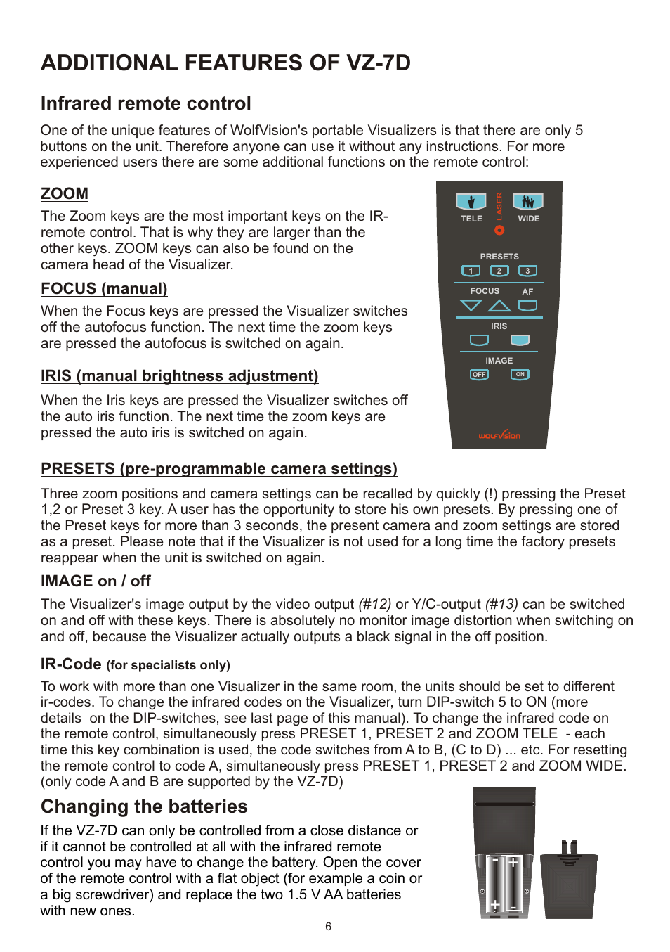 Additional features of vz-7d, Infrared remote control, Changing the batteries | Image on / off, Ir-code | WolfVision VZ-7D User Manual | Page 6 / 24