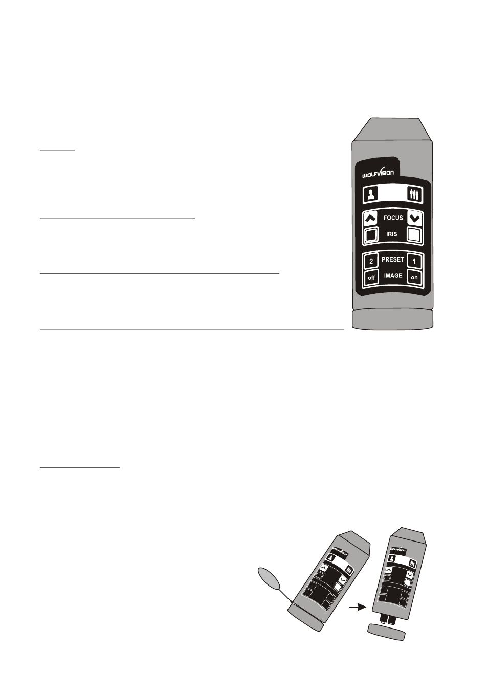 Seite22, Caratteristiche addizionali del vz-7d, Telecomando a infrarossi | Sostituzione delle batterie, Zoom, Messa a fuoco (manuale), Iris (regolazione manuale della luminosità), Image on / off | WolfVision VZ-5F User Manual | Page 22 / 25
