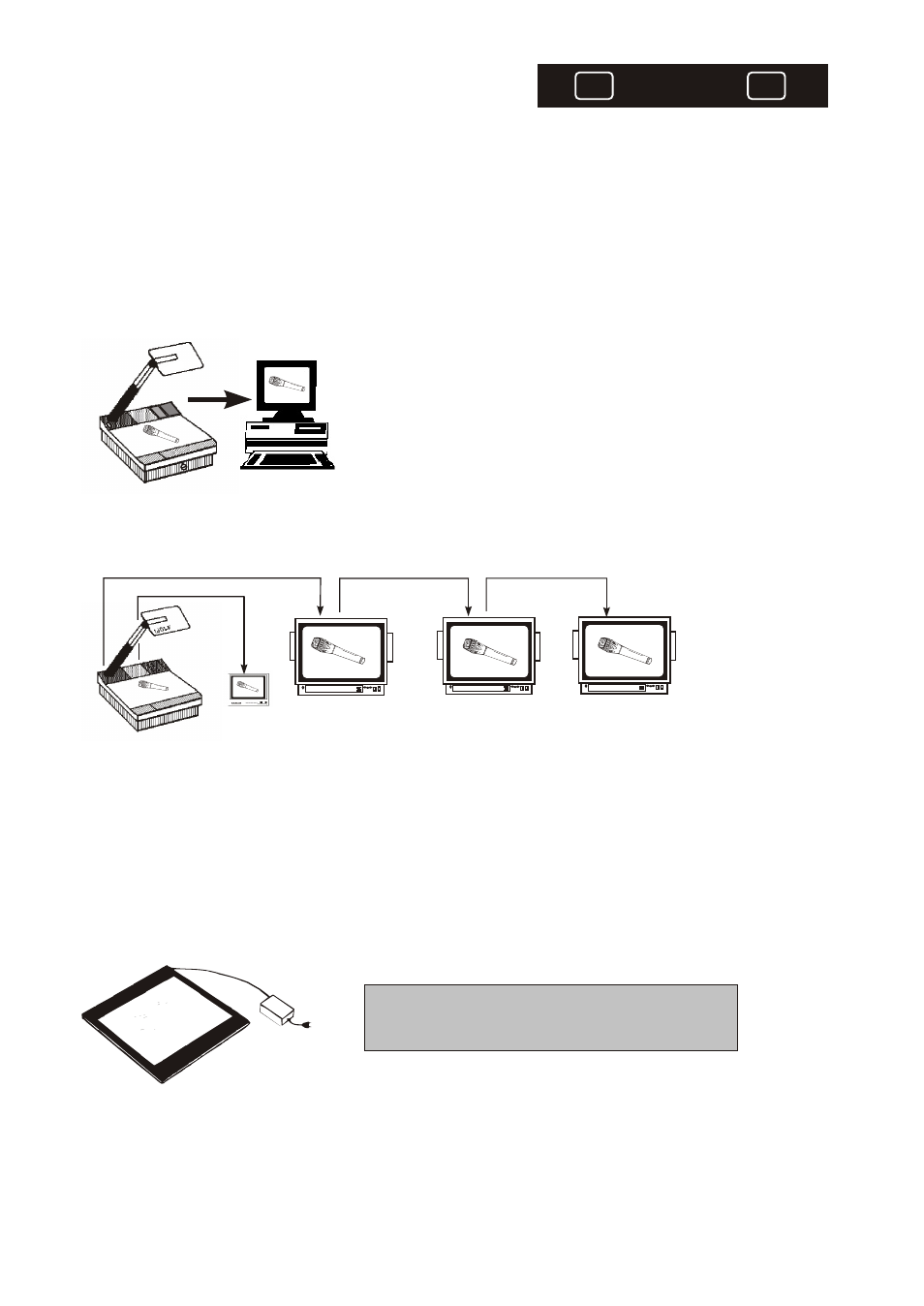 Seite8, Switchable outputs, Read-in device for computers | Connecting a number of monitors, Optional lightboxes (bottom light) | WolfVision VZ-15 User Manual | Page 8 / 16