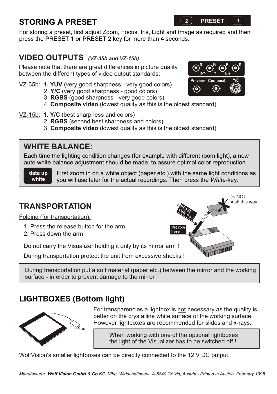 Seite2, White balance, Transportation | Storing a preset lightboxes (bottom light), Video outputs | WolfVision VZ-15b Quick Manual User Manual | Page 2 / 2