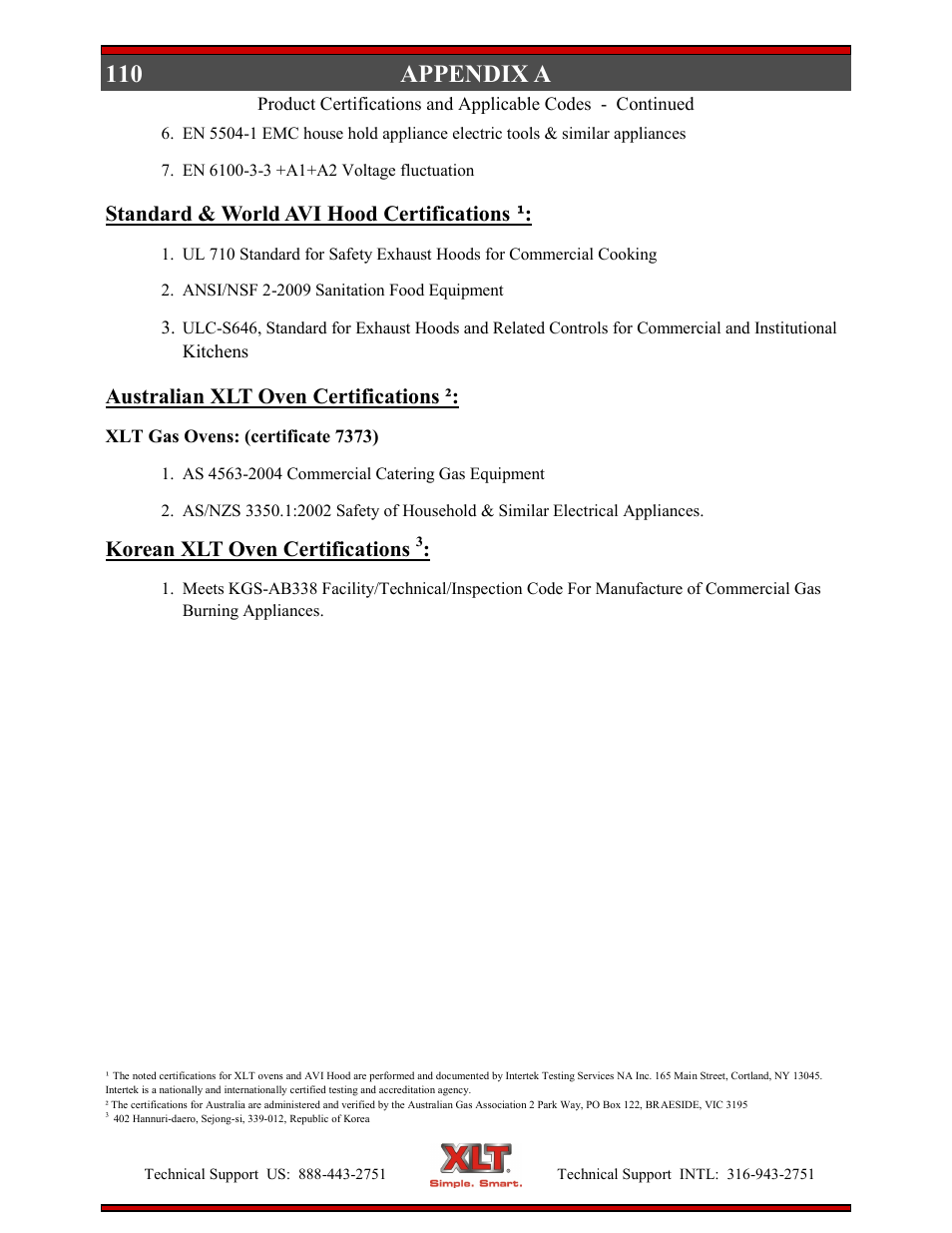 Appendix a, Standard & world avi hood certifications, Australian xlt oven certifications | Korean xlt oven certifications | XLT XD-9004E User Manual | Page 110 / 114