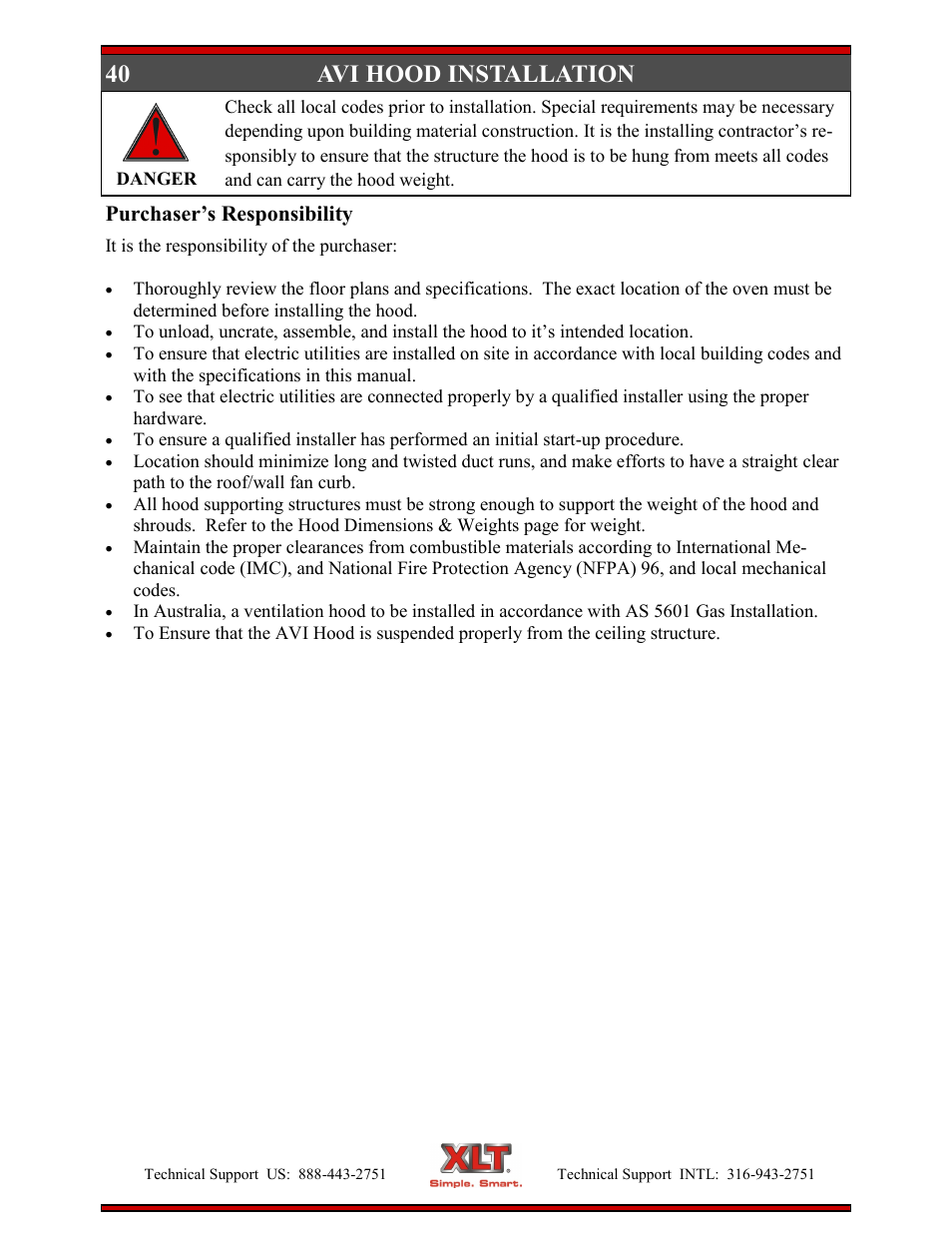 40 avi hood installation, Purchaser’s responsibility | XLT XD-9004E User Manual | Page 40 / 114
