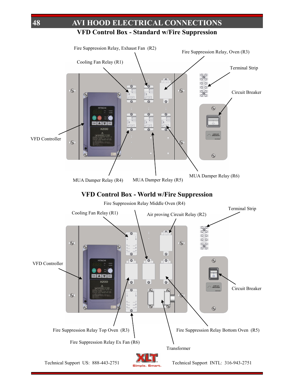 Avi hood electrical connections, Vfd control box - standard w/fire suppression, Vfd control box - world w/fire suppression | XLT XD-9004E User Manual | Page 48 / 114