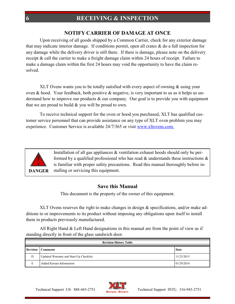 Receiving & inspection, Notify carrier of damage at once, Save this manual | XLT XD-9004E User Manual | Page 6 / 114