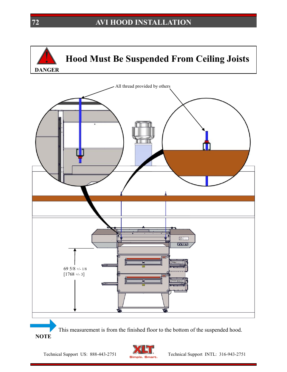 Hood must be suspended from ceiling joists, 72 avi hood installation | XLT XD-9004E User Manual | Page 72 / 114