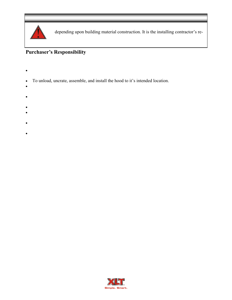 Avi hood installation, Purchaser’s responsibility | XLT XD-9004A User Manual | Page 38 / 102
