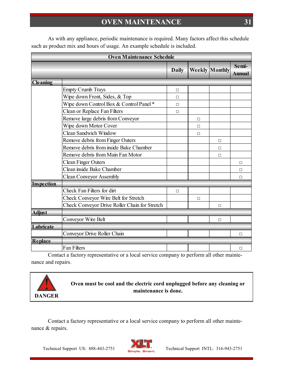 Oven maintenance | XLT XD-9005B User Manual | Page 31 / 102