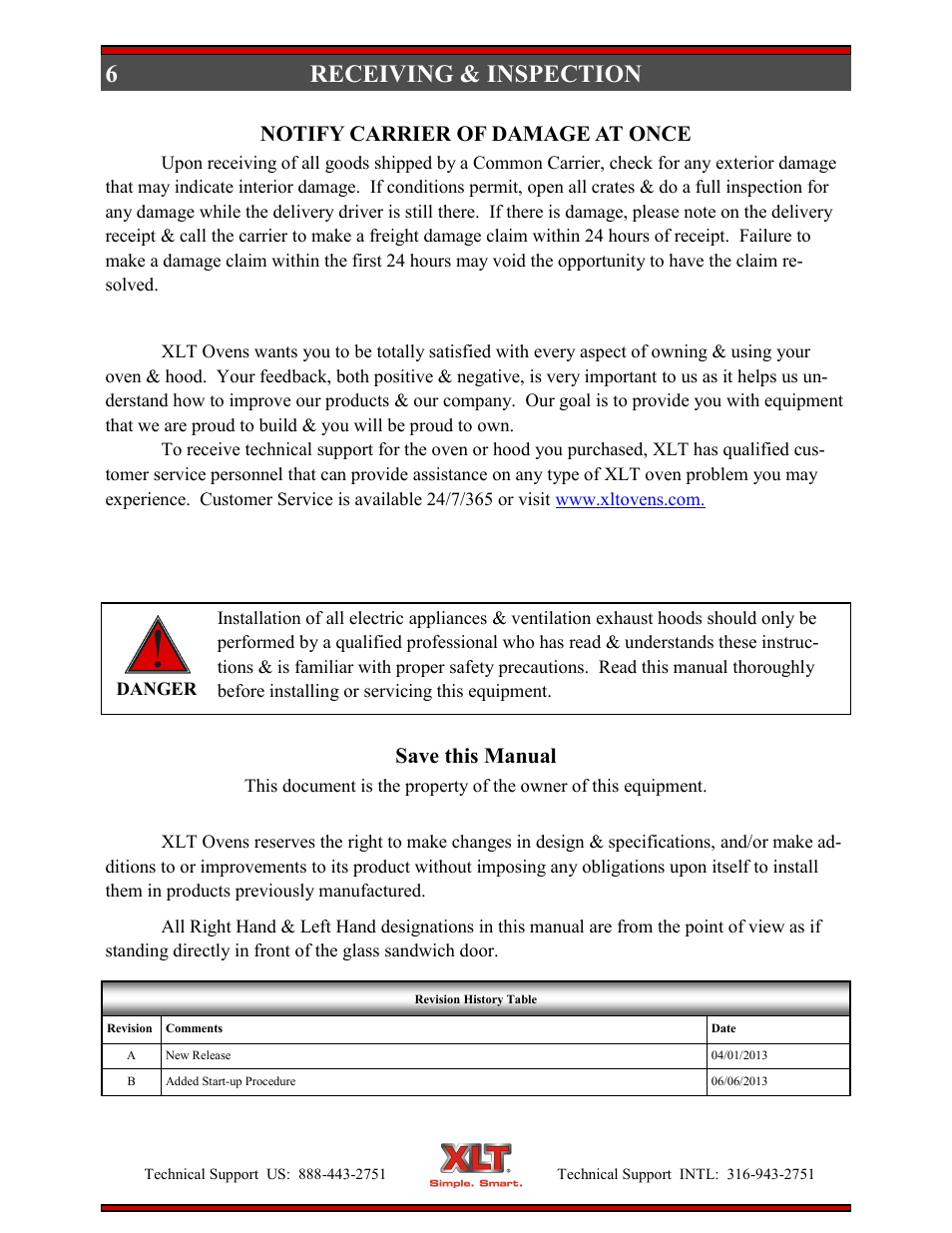 Receiving & inspection, Notify carrier of damage at once save this manual | XLT XD-9005B User Manual | Page 6 / 102