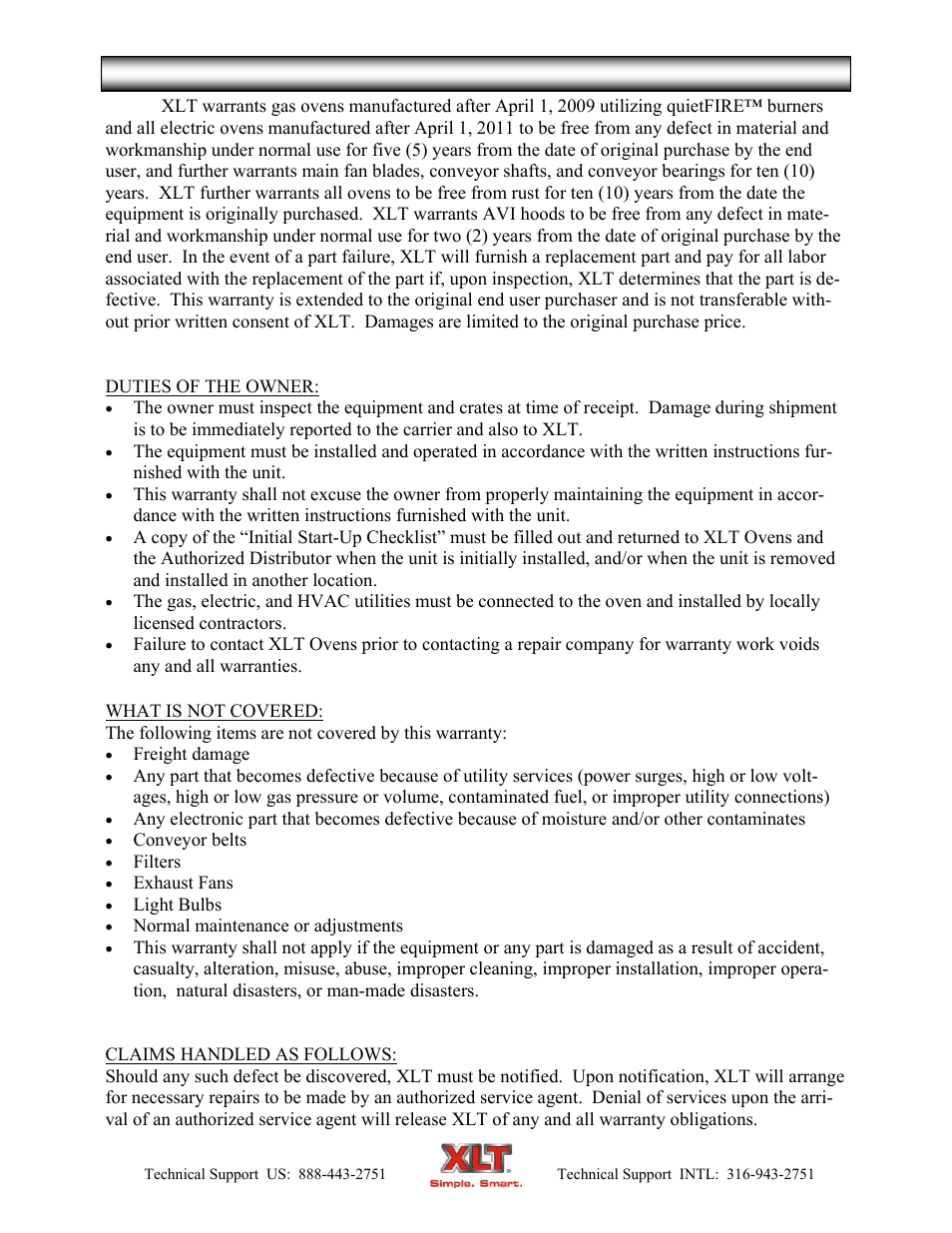 Warranty - us & canada | XLT XD-9007A (ELEC Oven Version – C, AVI Hood Version – C) User Manual | Page 4 / 64