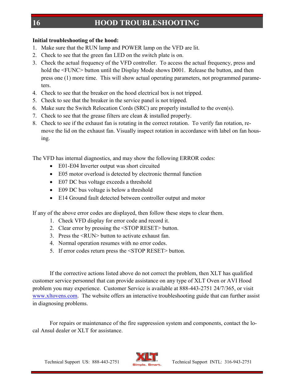 16 hood troubleshooting | XLT XD-9007A (ELEC Oven Version – D, AVI Hood Version – C) User Manual | Page 16 / 64