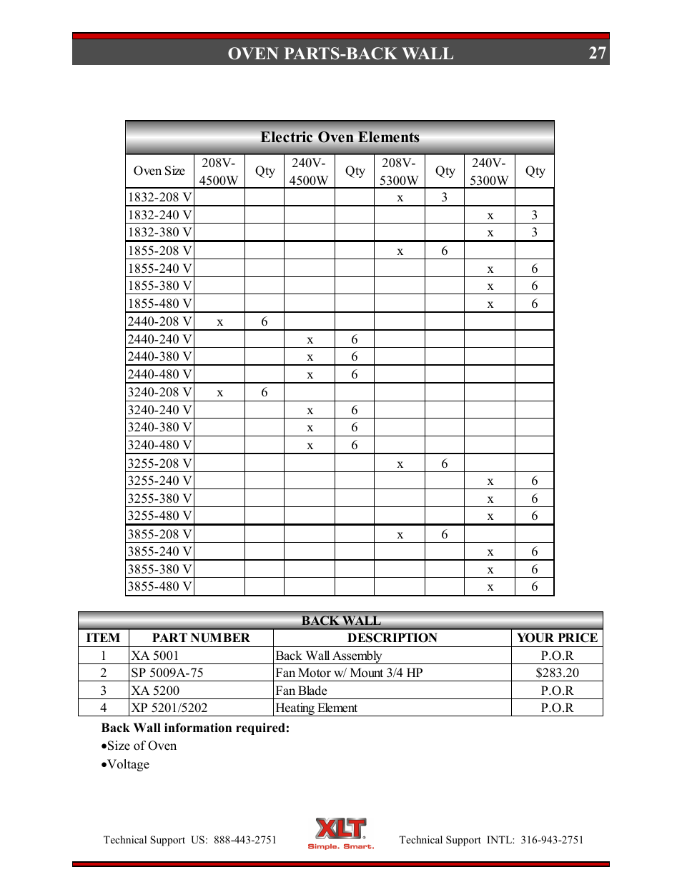 27 oven parts-back wall, Electric oven elements | XLT XD-9007A (ELEC Oven Version – D, AVI Hood Version – C) User Manual | Page 27 / 64