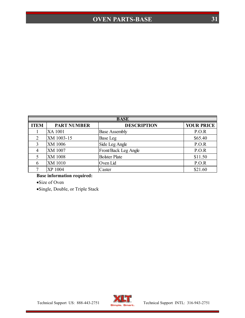 31 oven parts-base | XLT XD-9007A (ELEC Oven Version – D, AVI Hood Version – C) User Manual | Page 31 / 64