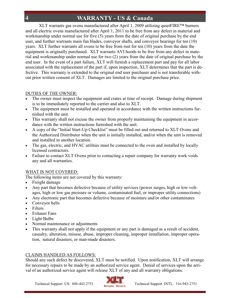4warranty - us & canada | XLT XD-9007A (ELEC Oven Version – D, AVI Hood Version – C) User Manual | Page 4 / 64