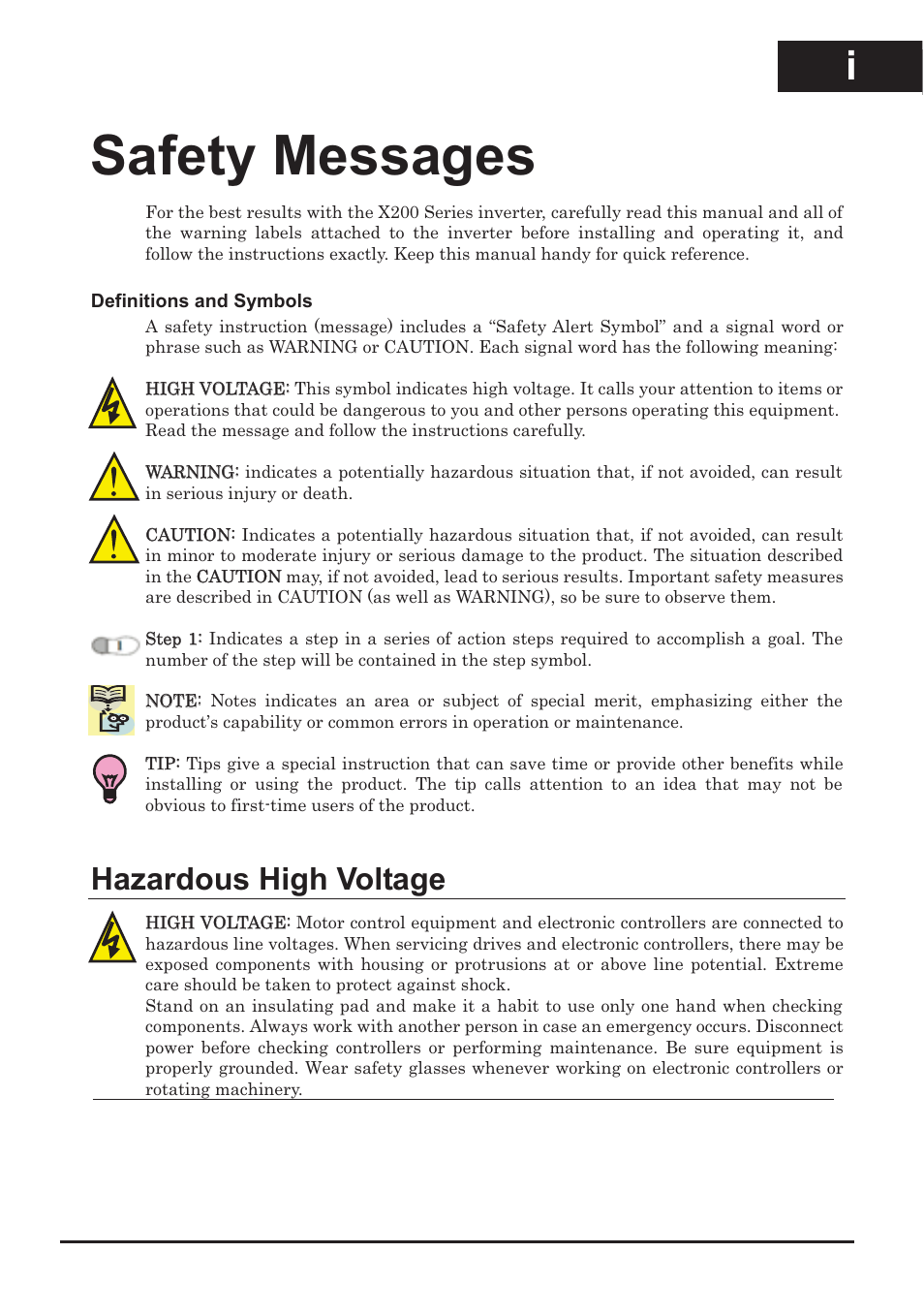 Safety messages, Hazardous high voltage i | XLT Hitachi X200 User Manual | Page 2 / 305