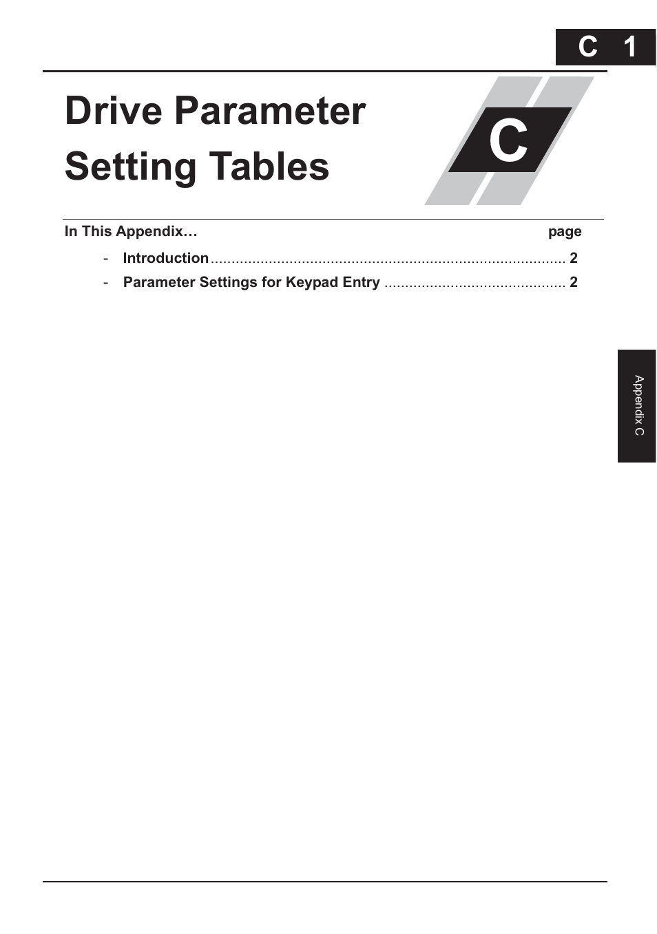Appendix c: drive parameter setting tables, Drive parameter setting tables, C 1 | XLT Hitachi X200 User Manual | Page 284 / 305