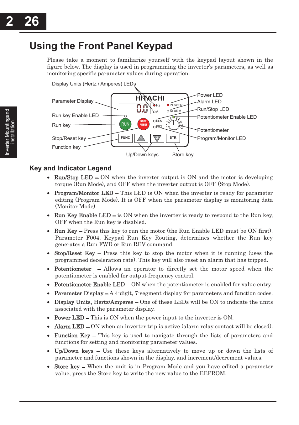 Using the front panel keypad -26, Using the front panel keypad, Key and indicator legend | XLT Hitachi X200 User Manual | Page 73 / 305