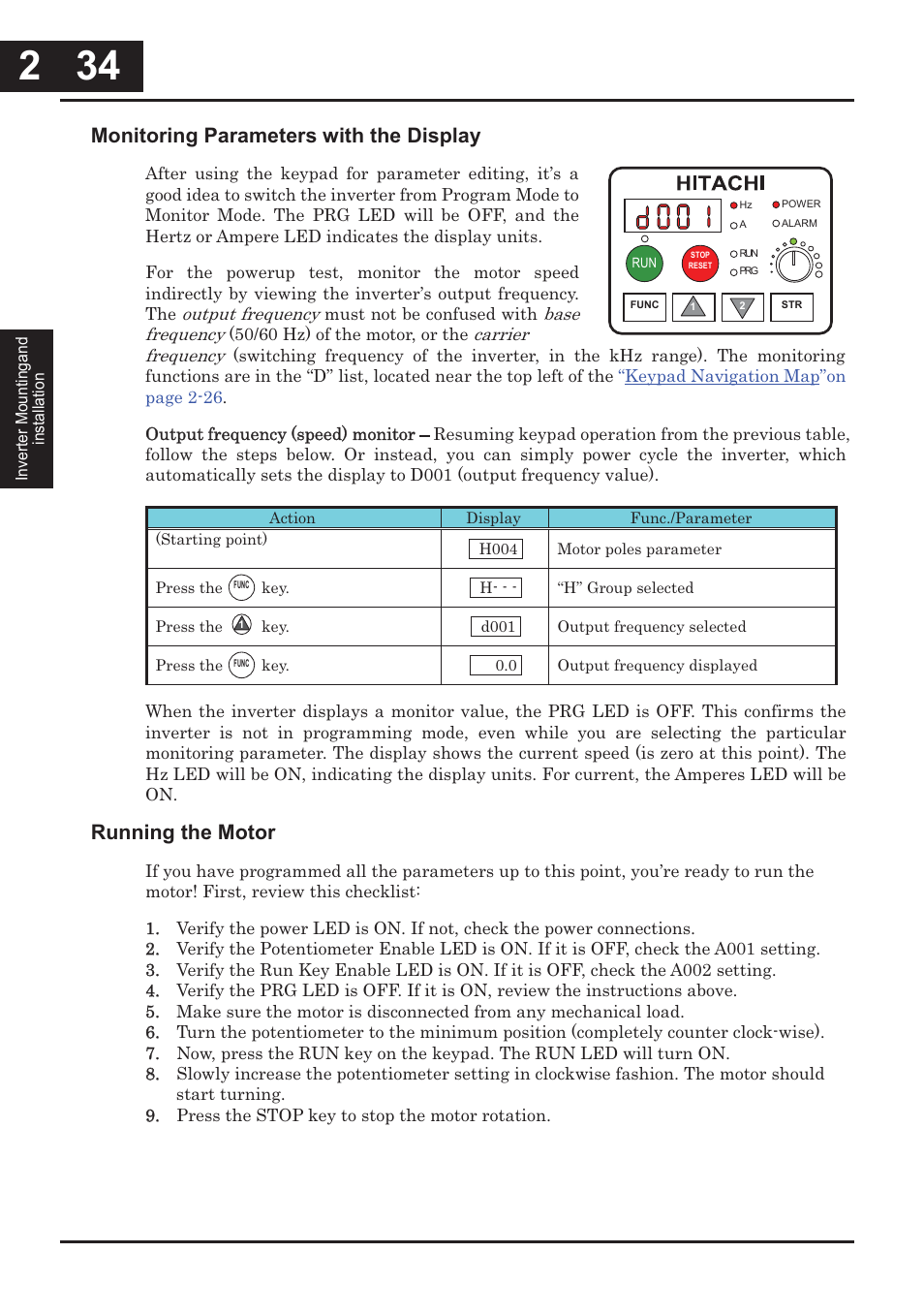 Monitoring parameters with the display, Running the motor | XLT Hitachi X200 User Manual | Page 81 / 305