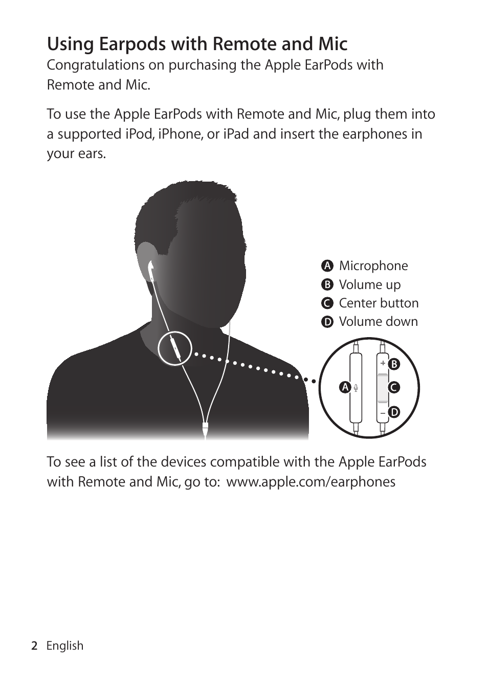 Using earpods with remote and mic | Apple EarPods mit Fernbedienung und Mikrofon User Manual | Page 2 / 40