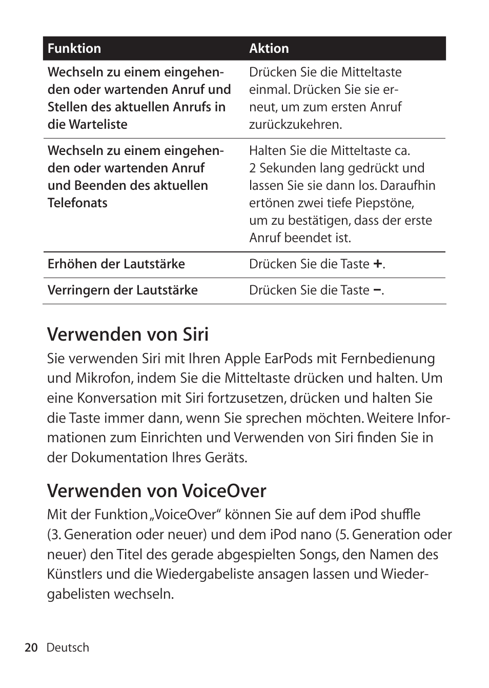 Verwenden von siri, Verwenden von voiceover | Apple EarPods mit Fernbedienung und Mikrofon User Manual | Page 20 / 40