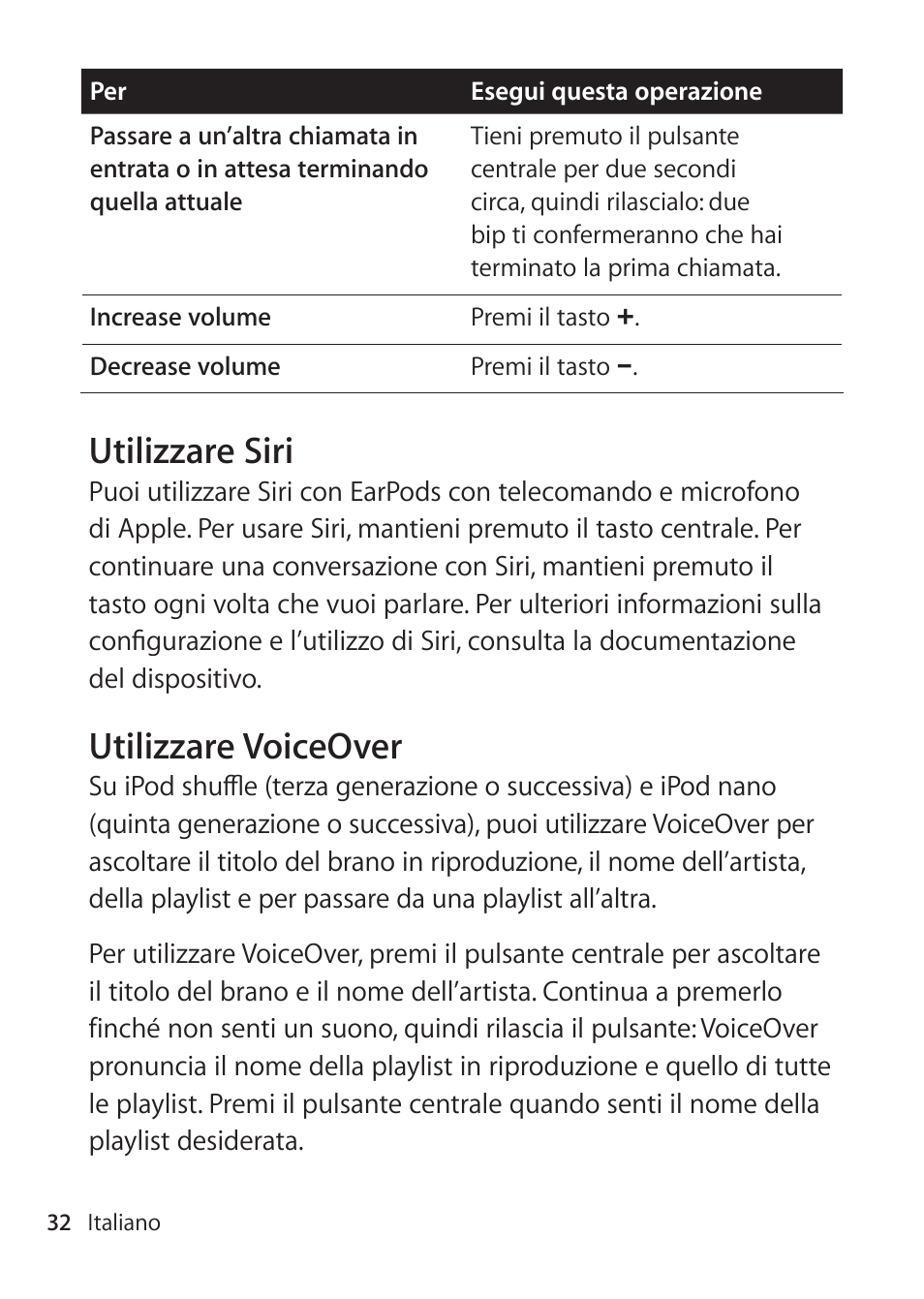 Utilizzare siri, Utilizzare voiceover | Apple EarPods mit Fernbedienung und Mikrofon User Manual | Page 32 / 40