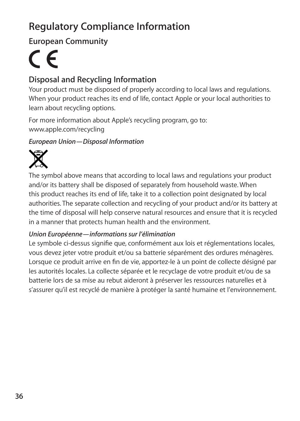 Regulatory compliance information | Apple EarPods mit Fernbedienung und Mikrofon User Manual | Page 36 / 40