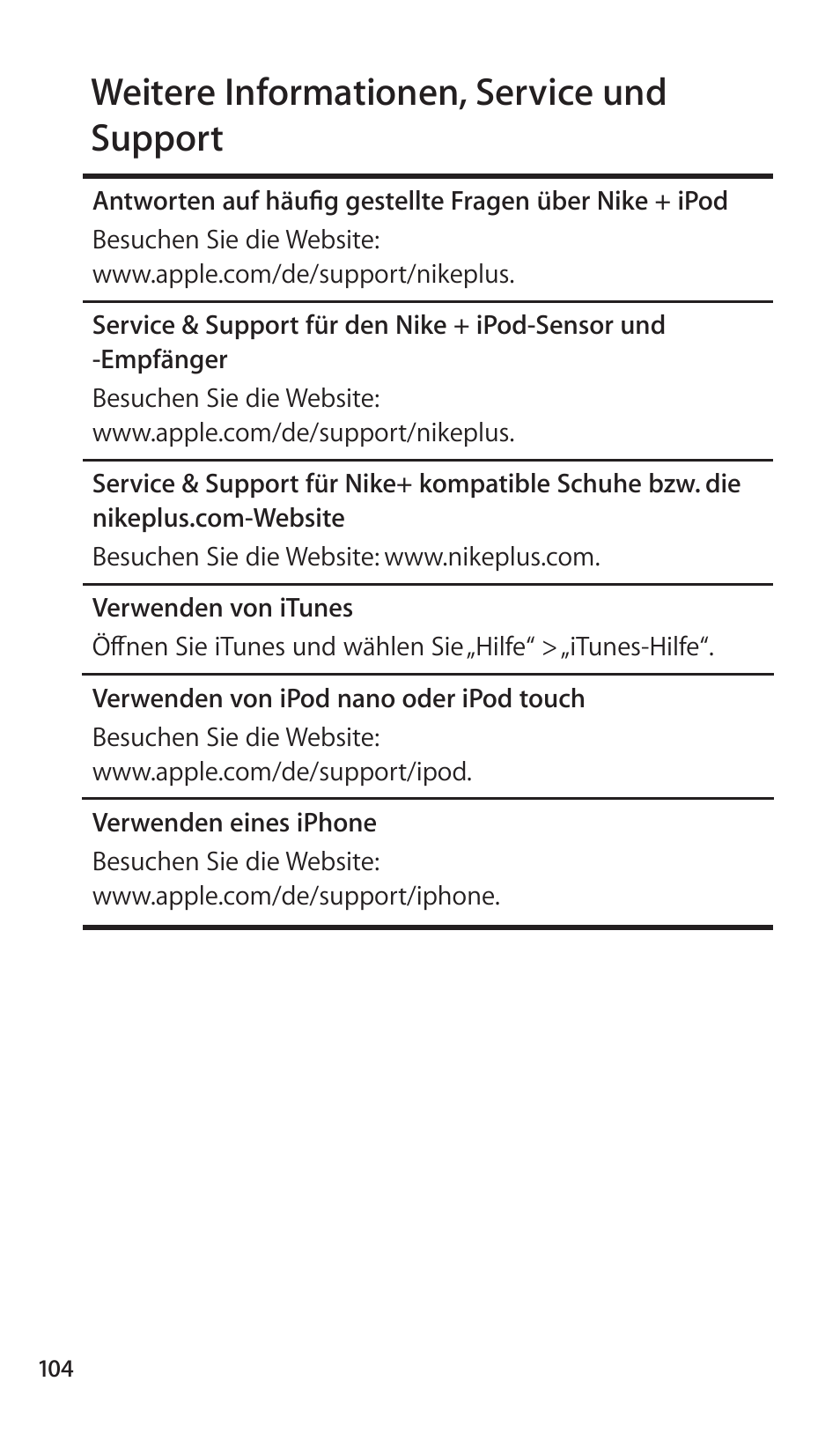 Weitere informationen, service und support, 104 weitere informationen, service und support | Apple Nike + iPod Sensor User Manual | Page 104 / 144