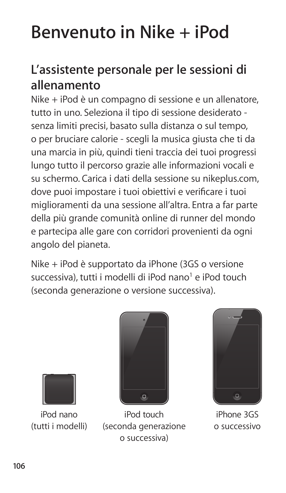 Benvenuto in nike + ipod, Allenamento | Apple Nike + iPod Sensor User Manual | Page 106 / 144