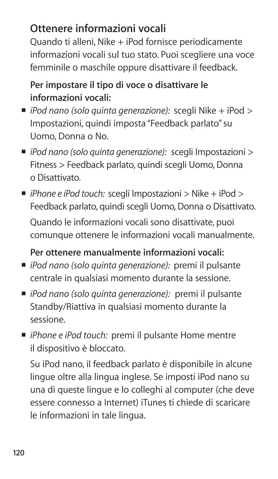 Ottenere informazioni vocali, 120 ottenere informazioni vocali | Apple Nike + iPod Sensor User Manual | Page 120 / 144