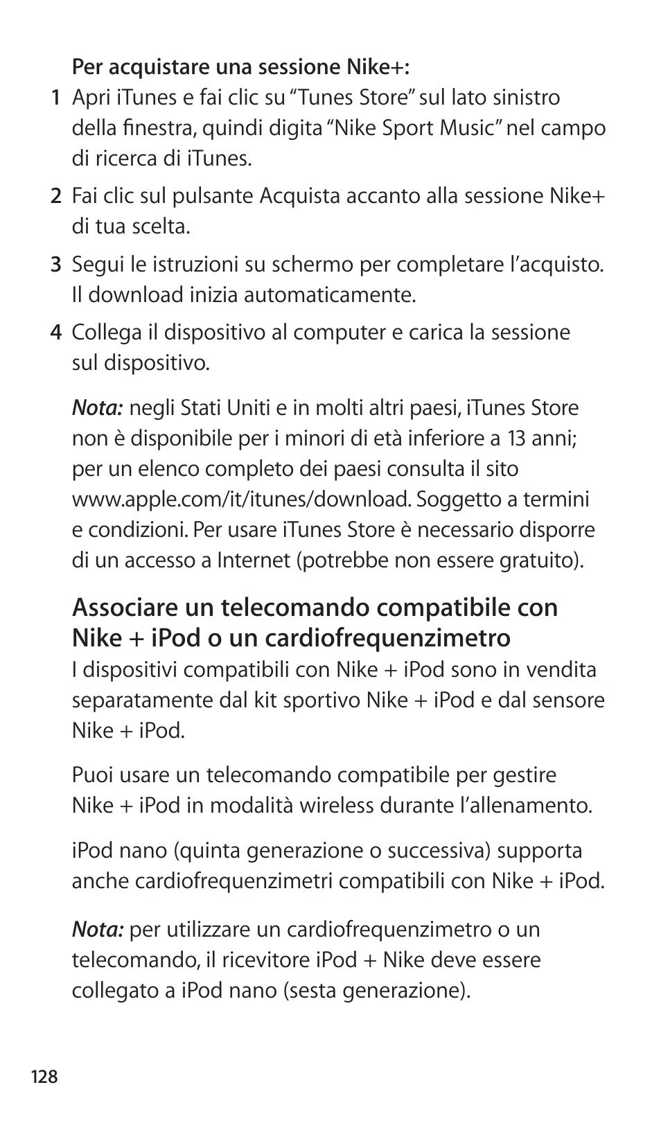 128 associare un telecomando compatibile con, Nike + ipod o un cardiofrequenzimetro | Apple Nike + iPod Sensor User Manual | Page 128 / 144