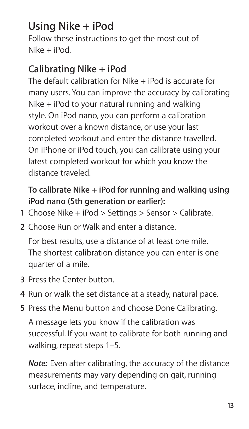Using nike + ipod, Calibrating nike + ipod, 13 using nike + ipod 13 | Apple Nike + iPod Sensor User Manual | Page 13 / 144