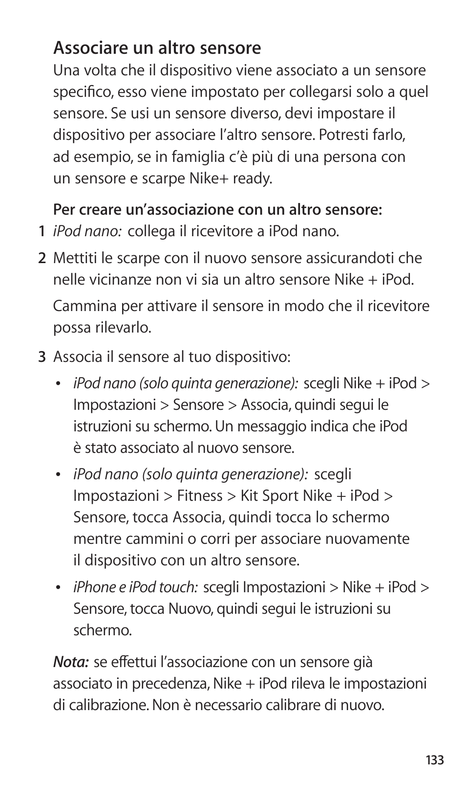 Associare un altro sensore, 133 associare un altro sensore | Apple Nike + iPod Sensor User Manual | Page 133 / 144