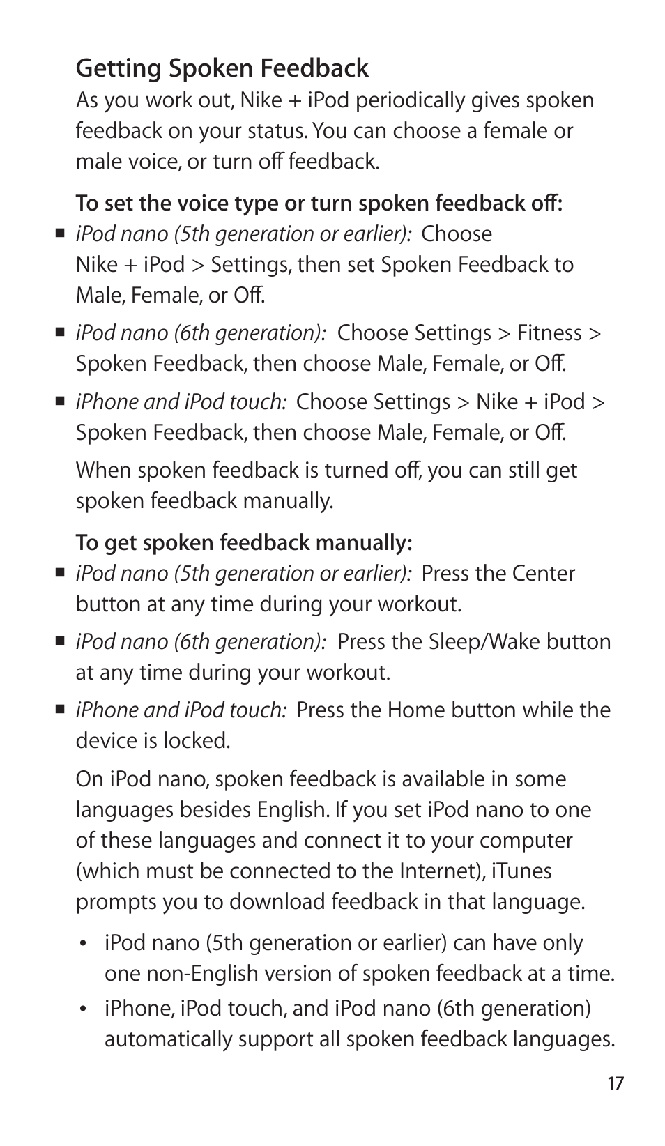 Getting spoken feedback | Apple Nike + iPod Sensor User Manual | Page 17 / 144