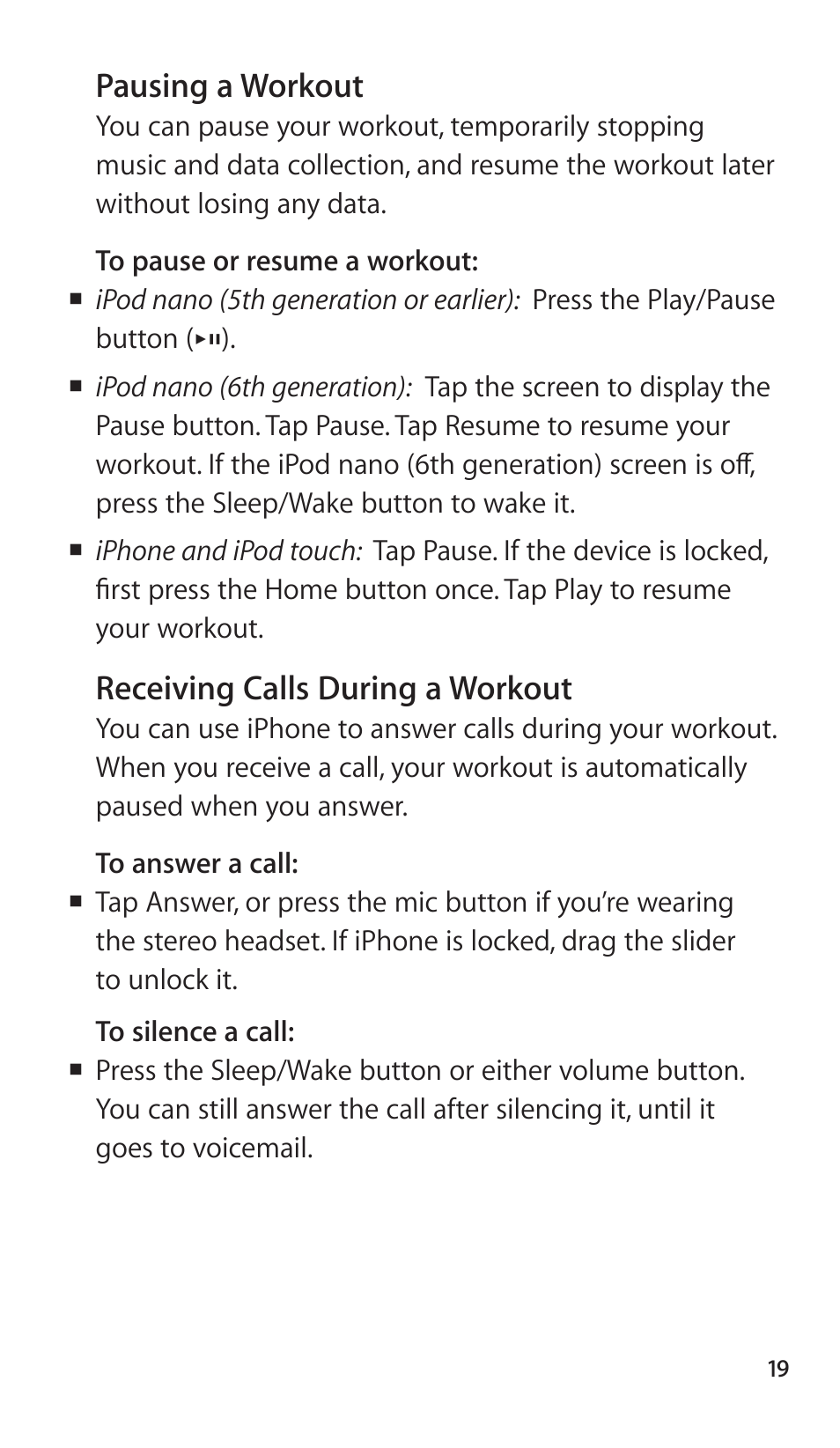 Pausing a workout, Receiving calls during a workout | Apple Nike + iPod Sensor User Manual | Page 19 / 144