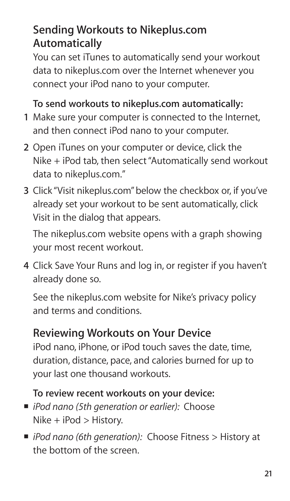 Sending workouts to nikeplus.com automatically, Reviewing workouts on your device | Apple Nike + iPod Sensor User Manual | Page 21 / 144