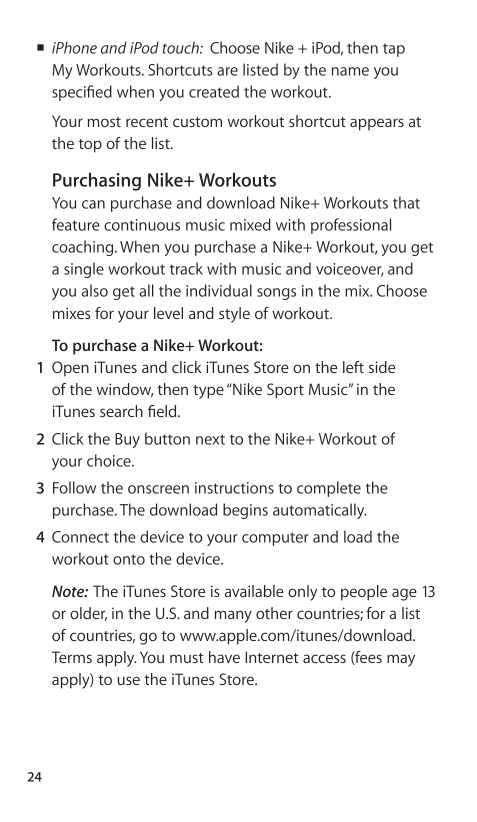 Purchasing nike+ workouts | Apple Nike + iPod Sensor User Manual | Page 24 / 144