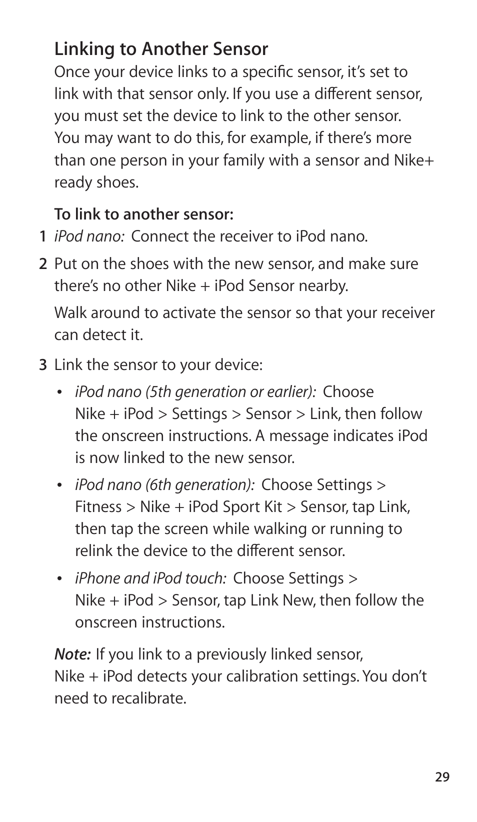 Linking to another sensor | Apple Nike + iPod Sensor User Manual | Page 29 / 144