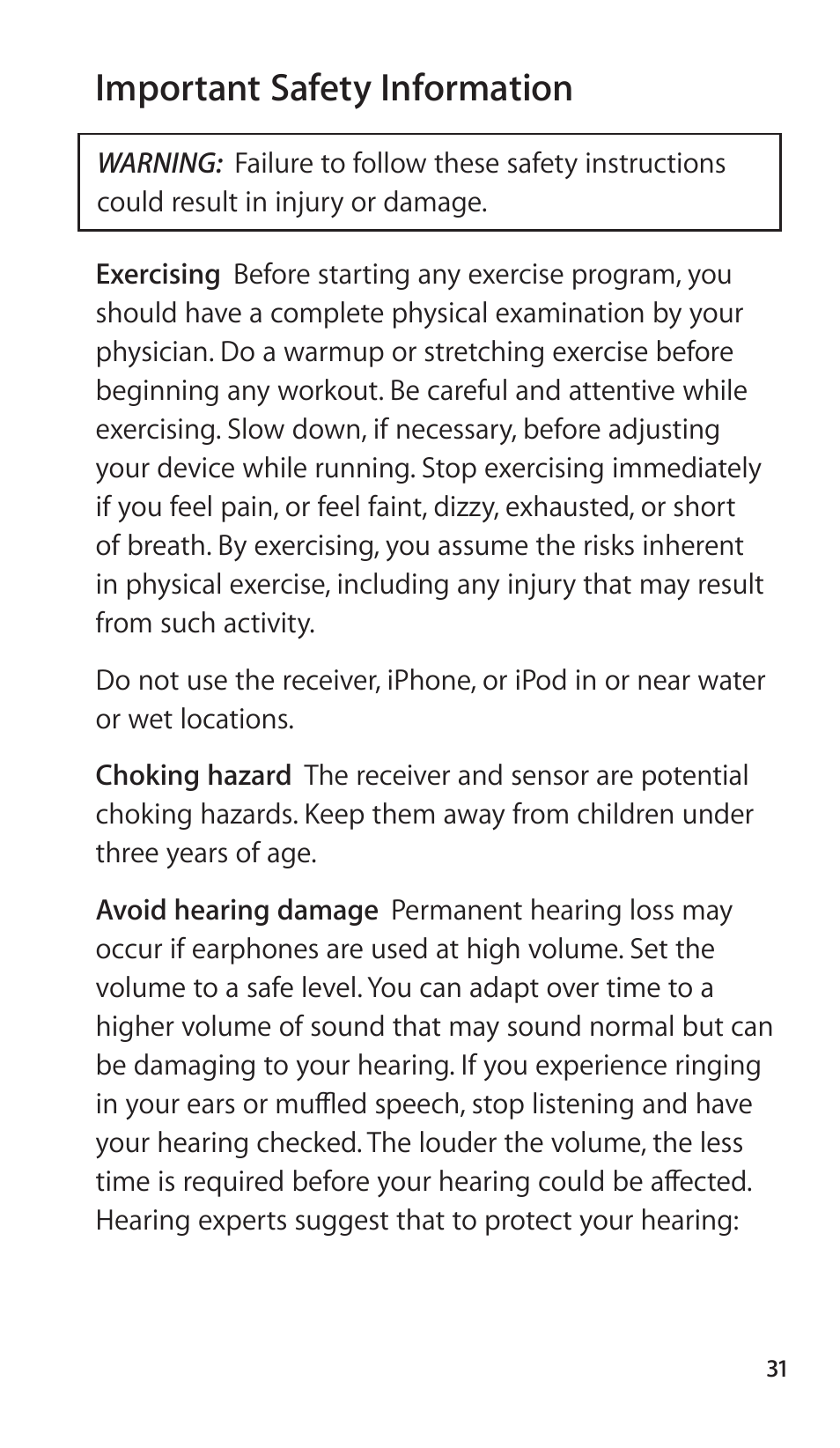 Important safety information, 31 important safety information | Apple Nike + iPod Sensor User Manual | Page 31 / 144