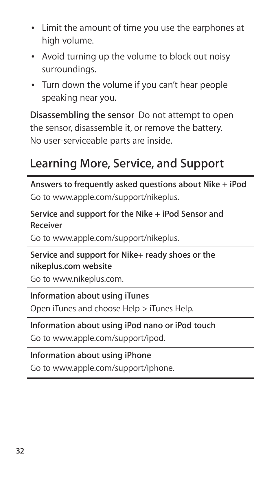 Learning more, service, and support, 32 learning more, service, and support | Apple Nike + iPod Sensor User Manual | Page 32 / 144