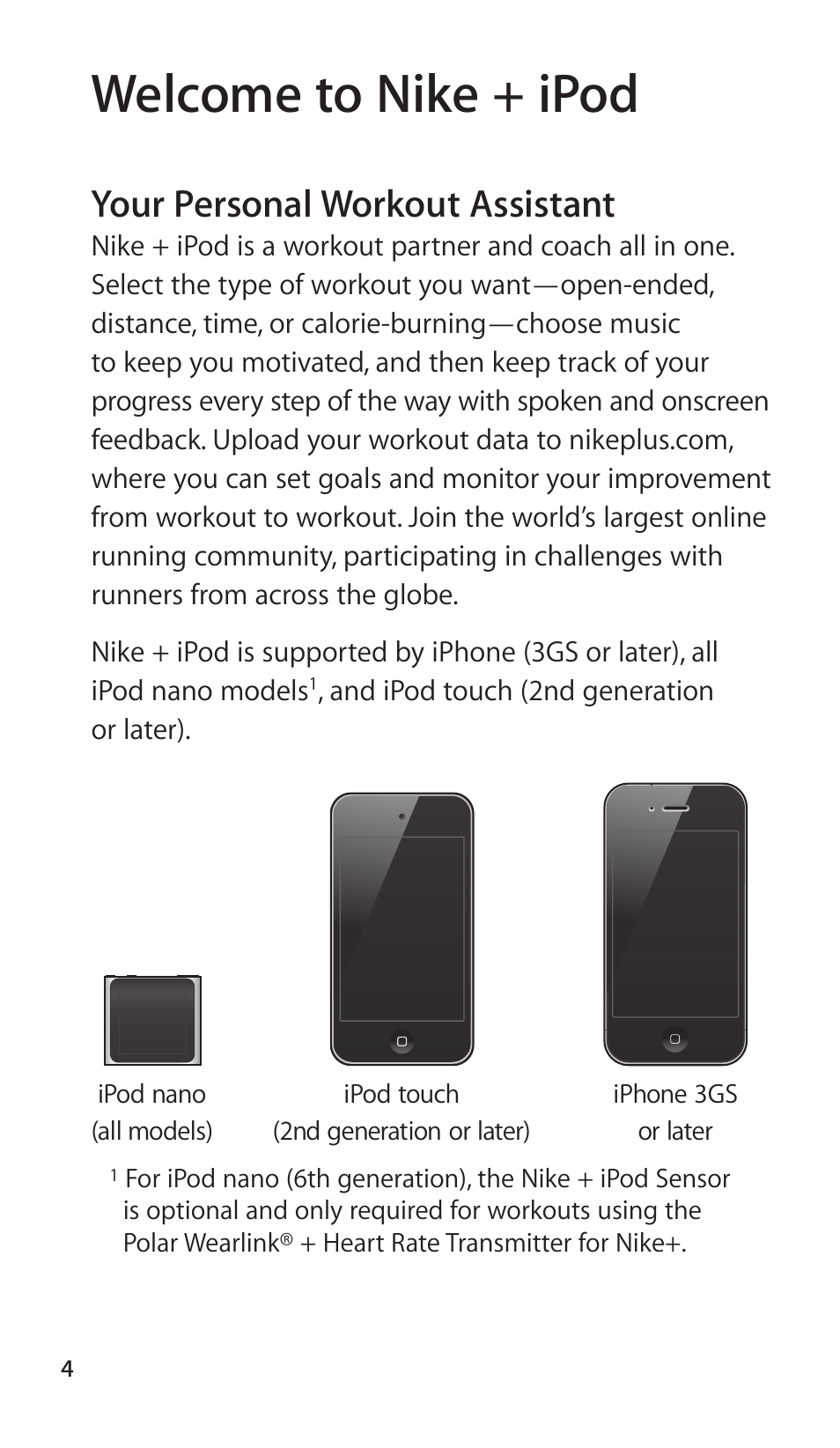 Welcome to nike + ipod, Your personal workout assistant | Apple Nike + iPod Sensor User Manual | Page 4 / 144
