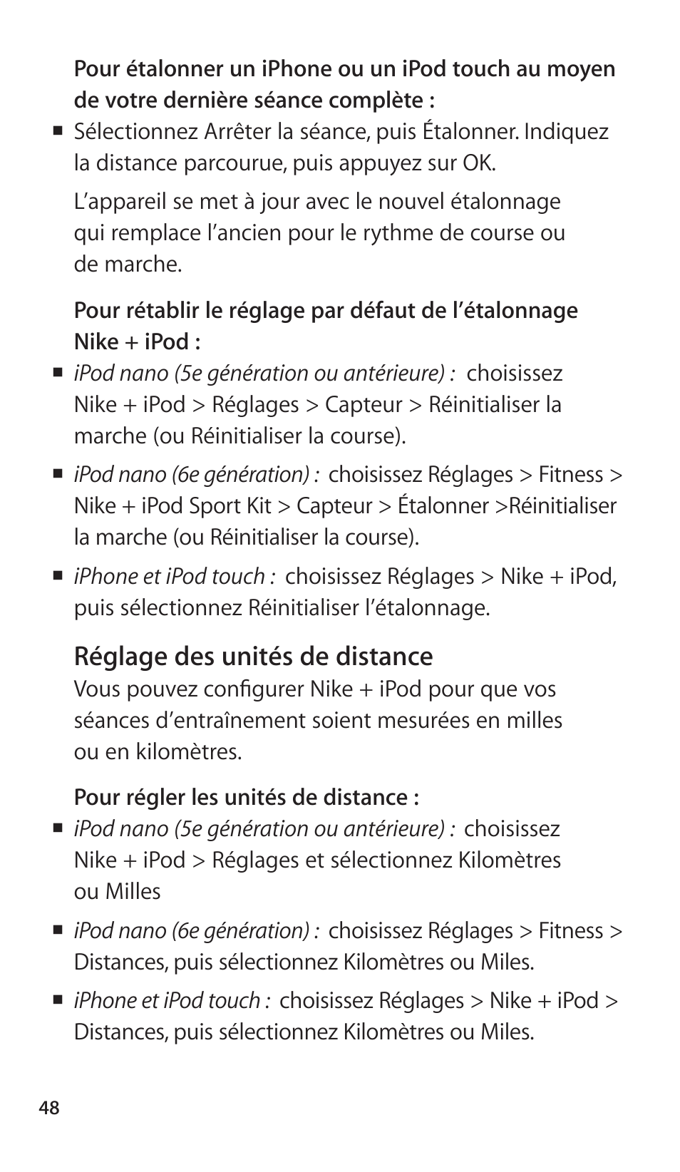 Réglage des unités de distance | Apple Nike + iPod Sensor User Manual | Page 48 / 144