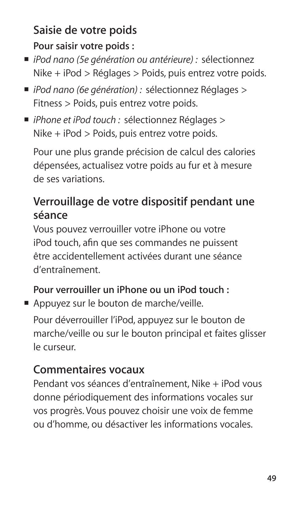 Saisie de votre poids, Commentaires vocaux | Apple Nike + iPod Sensor User Manual | Page 49 / 144